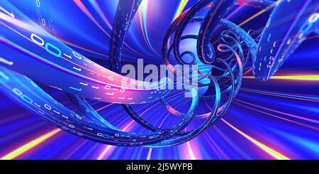 Cyber-Spirale. Violette Neonlichter, rosa blaue leuchtende Farben, Lasershow. 3D Illustration ultraviolettes Neon-Portal, leuchtende Linien, Tunnel Stockfoto