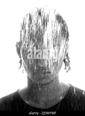 Digitaler Pixelsort-Effekt kombiniert mit einem Porträt eines jungen Mannes Stockfoto