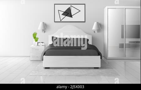 Schlafzimmer in monochromen Farben, modernes Haus oder Hotel leeres Apartment mit Doppelbett, Kleiderschrank mit Spiegelschiebetüren, TV, Nachttisch Stock Vektor