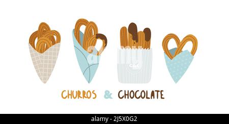 Logo für Churreria. Churros und Schokolade. Traditionelles spanisches Gebäck zum Frühstück. Satz von Vektorgrafik für Design und handgeschriebenen Text. Stock Vektor