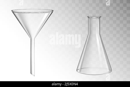 Glastrichter und -Kolben, Glaswaren für Chemielabor isoliert auf transparentem Hintergrund, Filtrations- und Testlabor für medizinische Wissenschaften, Chemie-Ausrüstung Stock Vektor