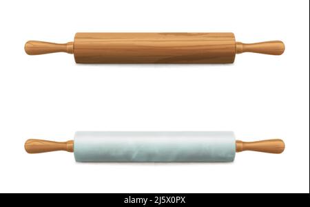 Klassische Holz-, Marmor-Stein-, Porzellan oder Kunststoff-Nudelholz mit Griffen 3D realistische Vektor isoliert auf weißem Hintergrund. Utensil für die Zubereitung von Speisen Stock Vektor