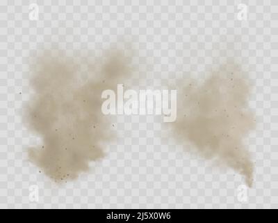Staubwolke, Zigarettenrauch, Smog mit Schmutz, Erde oder Sand Mikroskopische Partikel realistischer Vektor isoliert auf transparentem Hintergrund. Hausreinigung Stock Vektor