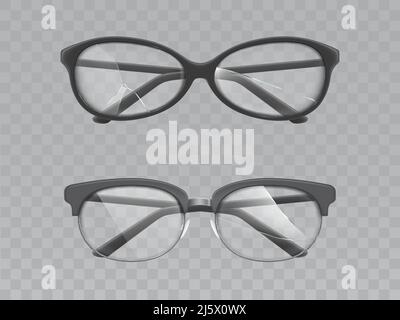 Alte Unisex-Brillen mit schwarzem, Kunststoff- oder Metallic-Rahmen, vollgerissenem, halbgerissenem Rahmen und gebrochenen, rissigen Gläsern aus Glas Vorderansicht 3D realistischer Vektor i Stock Vektor