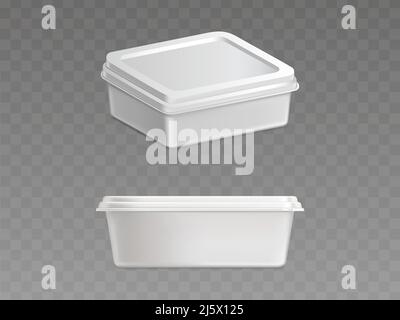 Blank weiß, rechteckig, Einweg-Kunststoff-Behälter für Butter, Margarine Aufstrich, Käse isoliert Seite, Perspektivansicht 3D realistische Vektor-Illust Stock Vektor