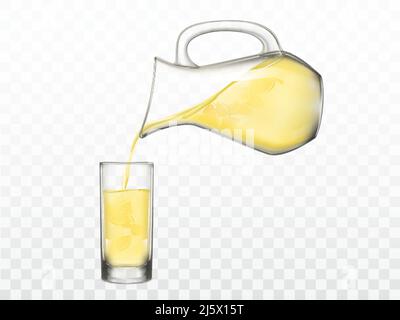 Gießen von frischem Saft oder Limonade mit Zitronenscheiben aus dem Krug in Highballglas 3D realistische Vektorgrafik isoliert auf transparentem Hintergrund. Natu Stock Vektor