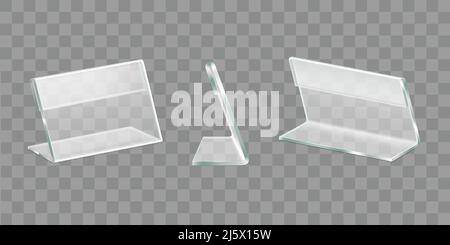 Menü, Namensschild Kunststoff oder Plexiglas Tischdisplay, Werbematerialien, Promo-Handouts Acryl-Halter vorne, Seite, Rückansicht 3D realistische Vektor o Stock Vektor