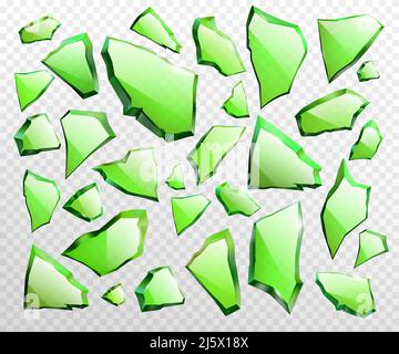 Verschiedene Größe, Form, glänzend, reflektierend auf leichte Stücke von gebrochenen, gebrochenen grünen Glasscherben mit abgerissenen Seiten und scharfen Kanten 3D realistische Vektor il Stock Vektor