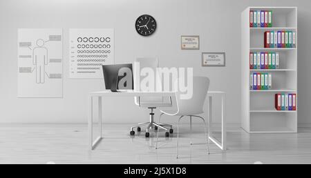 Augenarzt, Augenklinik Arzt Büro Raum Innenraum mit weißen Stühlen neben Schreibtisch, Ordner auf Regalen, Diplome, medizinische Schema, Stock Vektor