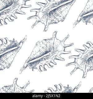 Nahtloses Muster aus marineblauen Muscheln. Meereshintergrund. Handgezeichnete Vektorgrafik. Für Einladungen, Karten, Poster, Print, Banner, Werbung, t Stock Vektor