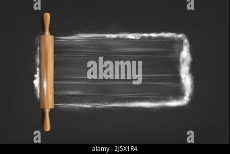 Teig vorbereiten, kneten, Teig abflachen für Backen Draufsicht, isoliert, 3D realistische Vektor mit Holzrollholz auf Oberfläche pulverförmigen Mehl Ilust Stock Vektor