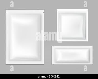 Leere weiße Beutel für feuchte Tücher, Saucen oder Gewürze, leicht reißfest, rechteckige Kunststoff-, Folien- oder Polyethylenpakete isoliert 3D realistische Vektor-ill Stock Vektor