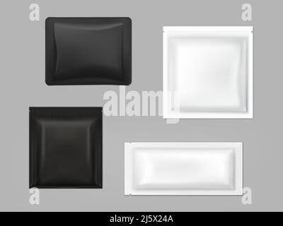 Blanke weiße, schwarze Plastik-, Folien- oder Polyethylen-Beutel für Feuchttücher, Soße oder Gewürze, Shampoo-Proben isoliert, 3D realistische Vektorgrafiken Stock Vektor