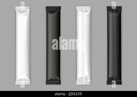 Leere schwarz-weiße Kunststoff-, Folien- oder Polyethylen-Beutel-Sticks mit zerrissenen Schnur für Zucker, Instant-Kaffee- oder Schokoladenriegel-Verpackung zurück, Front vie Stock Vektor