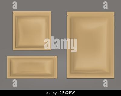 Leeres, braunes Plastiksäckchen-Set im Nachbau. Feuchttücher, versiegelte Zucker- oder Salzpackung, Polyethylen-Wrapper für Süßigkeiten, Einwegbehälter für Kondome, Kosmetik Stock Vektor