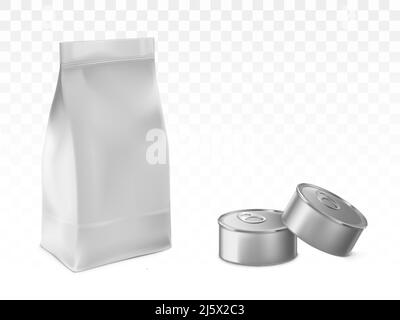 Papier- oder Folienbeutel, versiegelter Plastikbeutel und blanker Blechdosen aus Metall 3D realistische Vektorgrafiken isoliert auf transparentem weißem Hintergrund mit Sha Stock Vektor