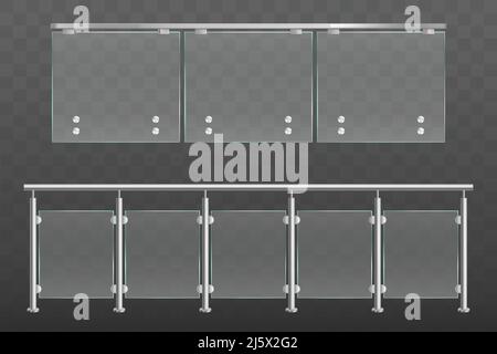 Balustrade aus Glas mit Metallgeländern. Geländer oder Zaunabschnitte mit Stahlsäulen. Paneele Baluster für Architekturdesign isoliert auf trans Stock Vektor