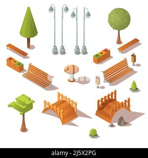 Isometrisches Parkset. Bänke, Bäume, Holzbrücken, Abfalleimer Design-Elemente isoliert auf weißem Hintergrund. Symbole für Stadteinheiten für die Straße archite Stock Vektor