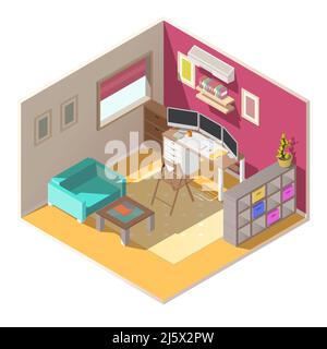 Home Office in kleinen quadratischen Raum, Freiberufler Wohnung Arbeitsplatz Interieur mit drei Computer-Monitore am Schreibtisch, Sessel neben Couchtisch, Box Stock Vektor