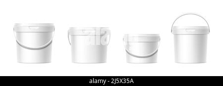 3D realistisches Vektor-Icon-Set. Verschiedene Formen weißer Kunststoffeimer mit Deckel. Vorderansicht. Stock Vektor