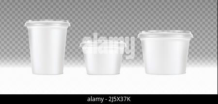 3D realistisches Vektor-Icon-Set. Kästen aus Milchkunststoff mit Deckel. Vorderansicht. Stock Vektor