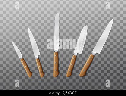 3D realistisches Vektor-Icon-Set. Vorlagendesign für Modelle und Marken. Besteck-Set. Küchenmesser Set mit Holzgriffen. Stock Vektor