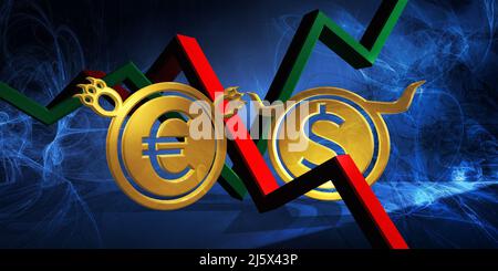 Bullischer usd zu bärischer eur-Währung. Devisenmarkt 3D Abbildung des us-Dollars zum Euro. Geld als goldene Münzen dargestellt Stockfoto