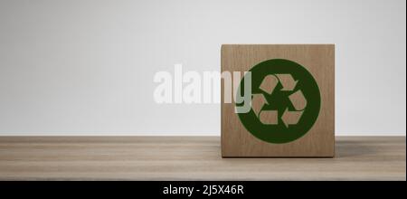 Grünes Recycling-Zeichen auf Holzwürfelblock für CSR, Öko-grünes nachhaltiges Leben, Null Abfall, Kunststoff frei, Erde Tag, Welt Umwelt Tag, Verantwortlich Stockfoto