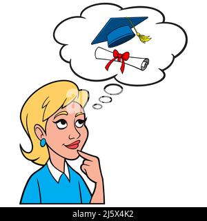 Girl Thinking about Graduation - Eine Cartoon-Illustration eines Mädchens, das über ihren Hochschulabschluss nachdenkt. Stock Vektor