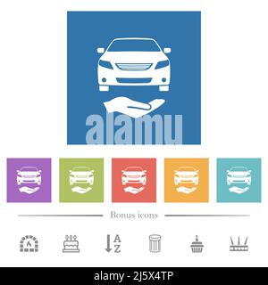 Kfz-Dienste solide flache weiße Symbole in quadratischen Hintergründen. 6 Bonus-Symbole enthalten. Stock Vektor