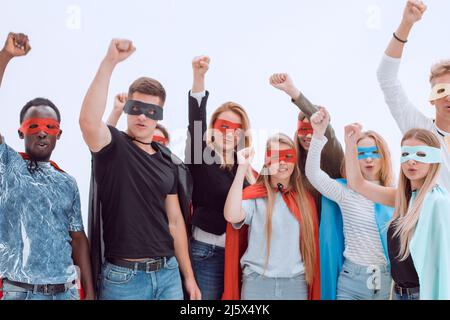 Nahaufnahme. Eine Vielzahl von jungen Menschen in Capes Superheld stehen zusammen Stockfoto