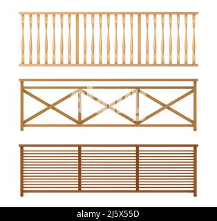 Holzzäune, Geländer, Balustradenabschnitte mit Rauten- und Gittermustern isoliert, 3D realistische Vektorabbildungen gesetzt. Balkon, Treppe oder Terrasse Stock Vektor