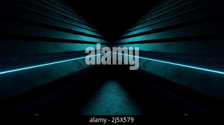 Sci Fi Neon Glowing Lines Cyber Blue Green Türkis Laserlicht hinter Glaswänden im dunklen GrundBetonunterirdischer Tunnelkorridor Studio Hangar Stockfoto