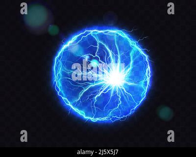 Elektrische Kugel, Vektor-Blitz Kreis Schlag Aufprallstelle, Plasma-Kugel in blauer Farbe isoliert auf dunklem Hintergrund. Starke elektrische Entladung, ma Stock Vektor