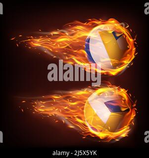 Volleyball-Kugeln fliegen in Feuer, fallen in Flammen Seitenansicht isoliert auf schwarzem Hintergrund. Sport Inventory Store Anzeige, Wettbewerb oder Turnier promotio Stock Vektor