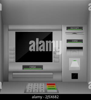 ATM-Bildschirm, automatischer Geldautomat, schwarzer Monitor mit Tastatur zur Eingabe des Passworts und zum Betrieb mit Geld. Bankterminal für den Finanzdienst und c Stock Vektor