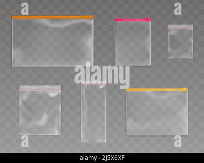 Reißverschlusstaschen Set aus Kunststoff, leere Beutel in verschiedenen Größen und Reißverschluss-Farben auf transparentem Hintergrund isoliert. Wasserdichte Einweg-Rohlinge Pakete Mock U Stock Vektor