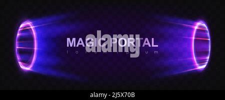 Magische Portale in der Nachtszene. Lila runde Hologramme mit Lichtstrahlen und Funkeln. Glühender futurizistischer Teleportunnel mit Kopierraum auf schwarzem Backgrou Stock Vektor
