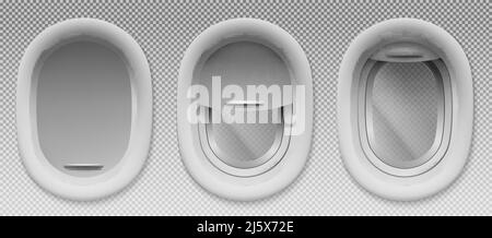 Flugzeugfenster. Set aus drei realistischen Flugzeug Bullaugen mit offenem und geschlossenem Schatten. Vektor-Vorlage von Ebenen Innenstrahlern isoliert auf tra Stock Vektor