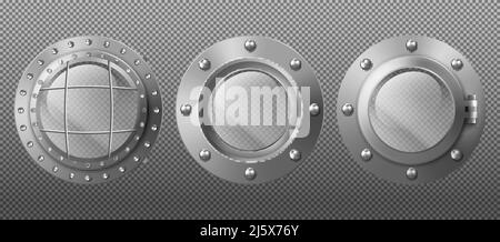 Runde Bullaugen aus Metall in Schiffen, U-Booten oder Raumschiffen. Vektor-Set von realistischen Stahl Kreis Fenster Illuminatoren mit Nieten isoliert auf transparent b Stock Vektor