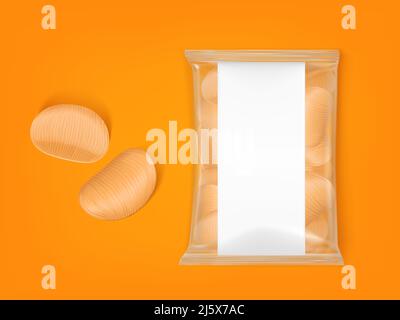Welly Chips Pack, Wellpappe Kartoffel Snack-Paket isoliert auf orangenen Hintergrund Draufsicht. Unbeschriftete Plastiktüte mit knusprigen Scheiben, Design-Element für Food-Profis Stock Vektor