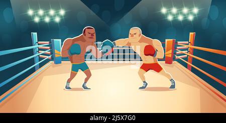 Boxer kämpfen am Ring, Gegner in blauen und roten Shorts und Handschuhe kämpfen in der Arena mit Scheinwerfern und Seilen. Wrestling Presentation Match, competiti Stock Vektor