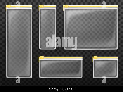 Transparente Reißverschlussbeutel aus Kunststoff isoliert auf transparentem Hintergrund. Vector Set aus leeren, durchscheinenden Taschen, die mit einer gelben Ziplock versiegelt sind. Realistisches 3D-Modell von Stock Vektor