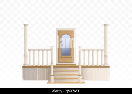 Hölzerne Eingangstür mit Glasfenster und Veranda Treppe mit dekorativen Balustrade und Säulen. Vector realistische 3D Außenseite des Hauseingangs isolieren Stock Vektor