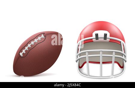 Rugby-Ball und roter Helm mit Gesichtsmask und Pad isoliert auf weißem Hintergrund. Vector realistische Satz von Sportgeräten für den amerikanischen Fußball Stock Vektor