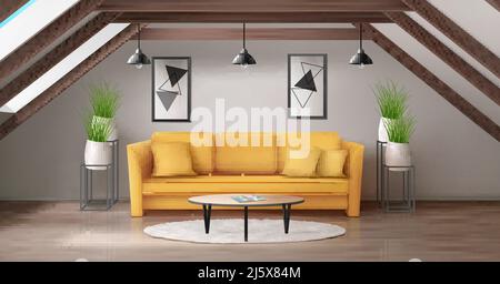 Moderne Lounge im Dachgeschoss mit Holzbalken und Dachfenstern. Vektor realistische Interieur Mansarde Wohnzimmer mit gelbem Sofa, rundes Glas CO Stock Vektor