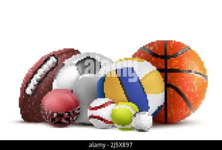 Fußball-, Volleyball-, Baseballausrüstung und Rugby-Ausrüstung. Vector realistische Sammlung von Cricket, Tennis und anderen Sportobjekten isoliert auf weißem Hintergrund Stock Vektor