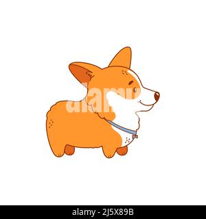 Welsh Corgi Welpe isoliert auf weißem Hintergrund. Niedlicher Hundecharakter. Seitenansicht. Gliederungsdarstellung, farbig gefüllt. Vektor. Stock Vektor