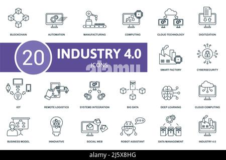 Industrie 4,0-Symbolsatz. Enthält editierbare Symbole Industrie 4,0 Thema wie Automatisierung, Computing, Digitalisierung und mehr. Stock Vektor