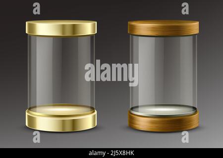 Leere Zylinderkapsel, klare Vitrine mit goldenen und hölzernen Kappen. Vector Mockup von runden Boxen mit Strahler, blank Kreis Ständer, Plattform für exh Stock Vektor